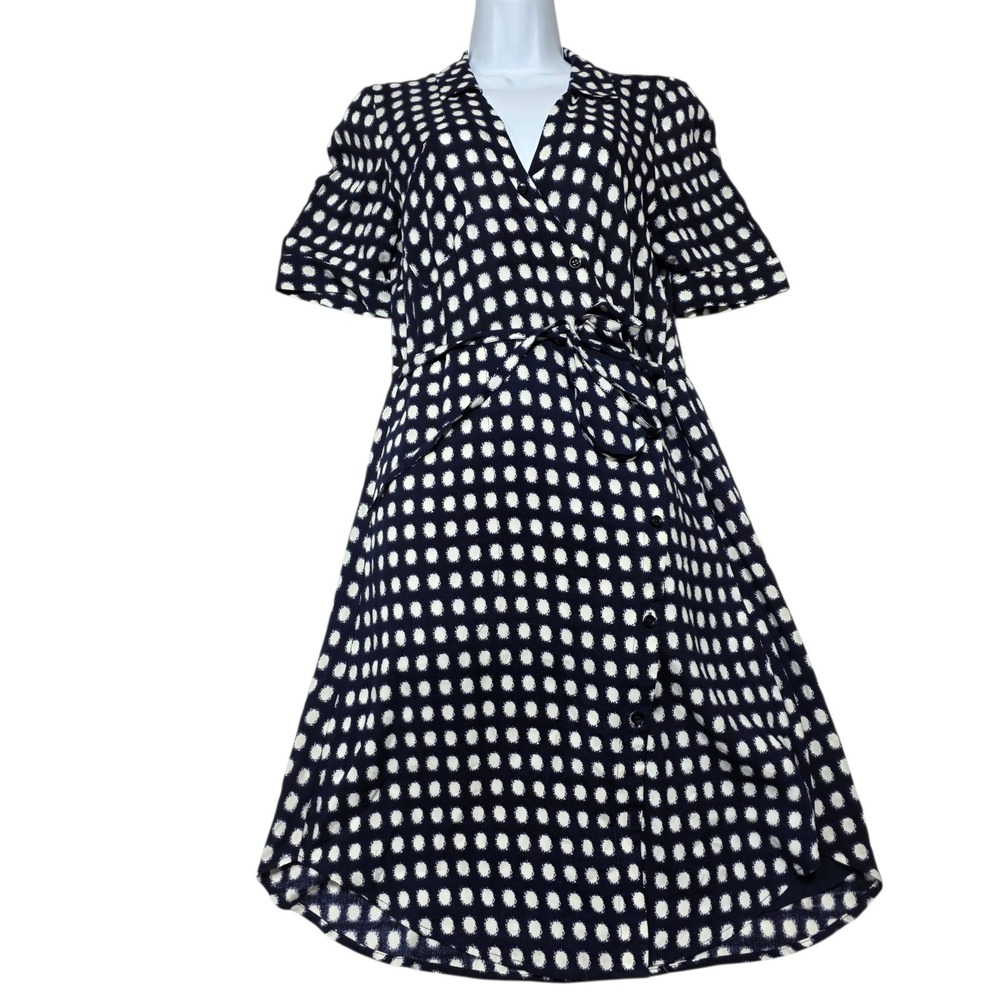 11 1 Tyho Navy White Polka Dot Button Front Midi Shirt Dress Belt Short Sleeve S